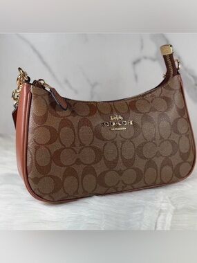 Coach Brown Signature Canvas Crescent Shoulder Bag with Gold Hardware